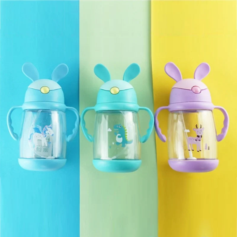 

Childrens Cartoon Rabbit Ears Cups With Handle Baby Drinking Straw Learning Cup 550ML BPA Free New