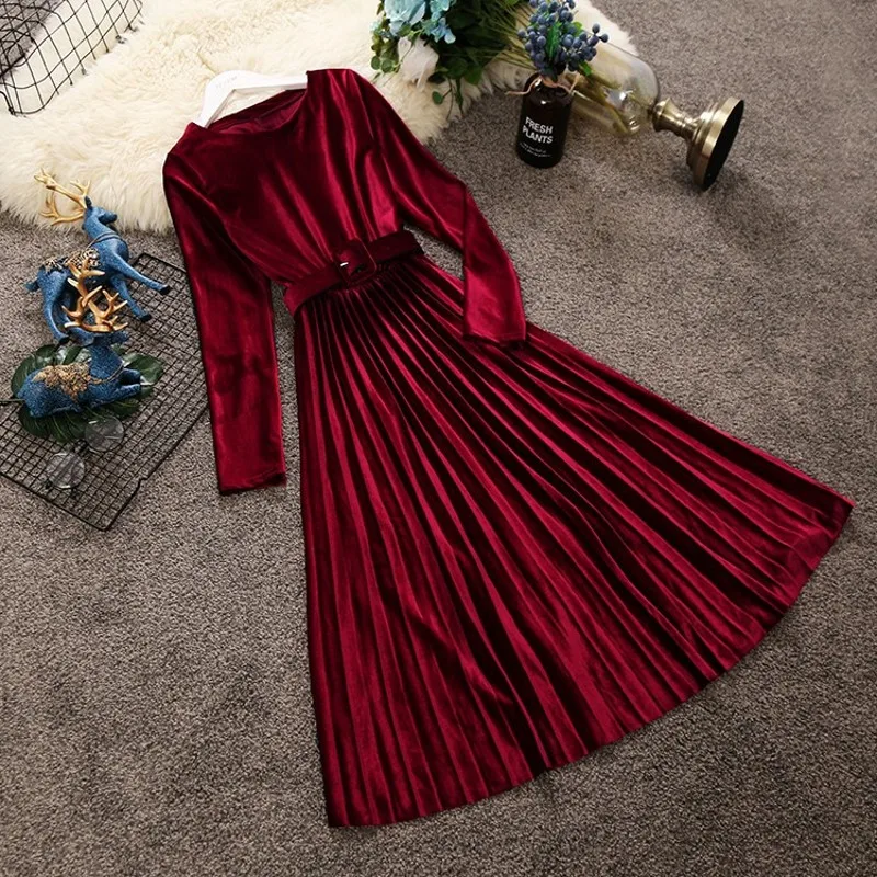Осень-зима 2019 новое женское бархатное платье с круглым вырезом и длинным рукавом