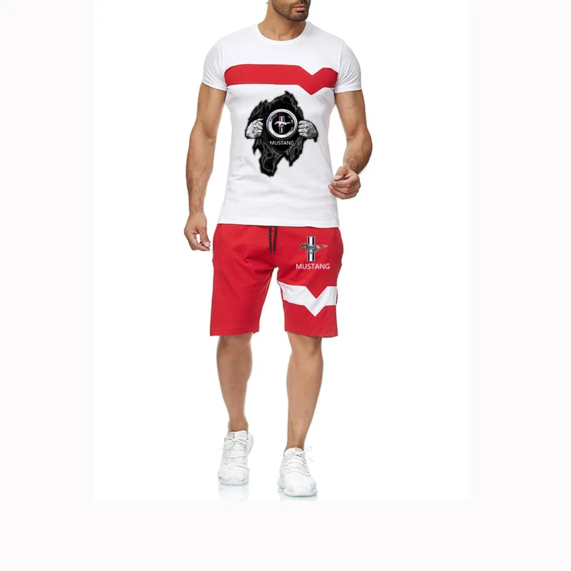

2021 New Summer Mustang printing Fashion Men Sporting Suits Harajuku Short Sleeve T-Shirt + Shorts 2 Piece Casual Clothing