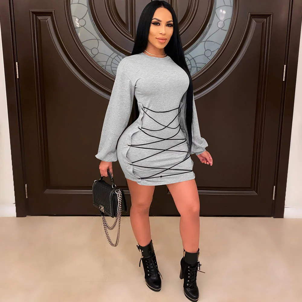 

Сексуальное Бандажное облегающее платье на шнуровке, женская одежда, повседневные Мини-платья с рукавами-фонариками, уличная одежда, модно...