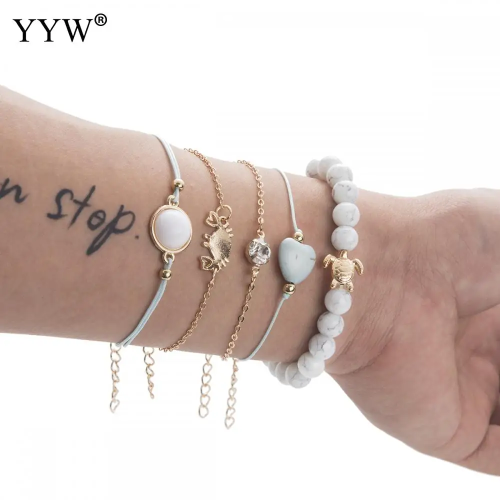 5pc/Set Women Fashion Bracelet Set Natural Stone Cotton Cord Adjustable Extender Chain Female Trendy Wristband Suit Bileklik | Украшения и