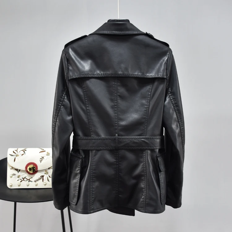 Women Faux Korean Black Fashion Womens Leather Jacket Spring Autumn Sashes Abrigo Mujer Pph575