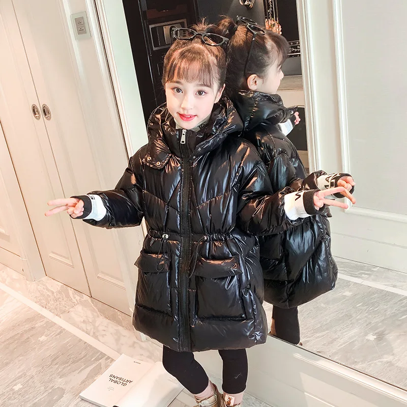 

Пуховик для девочек из хлопка, зимняя хлопковая парка для девочек, пальто, куртка, Толстая теплая длинная куртка, блестящая черная водонепро...
