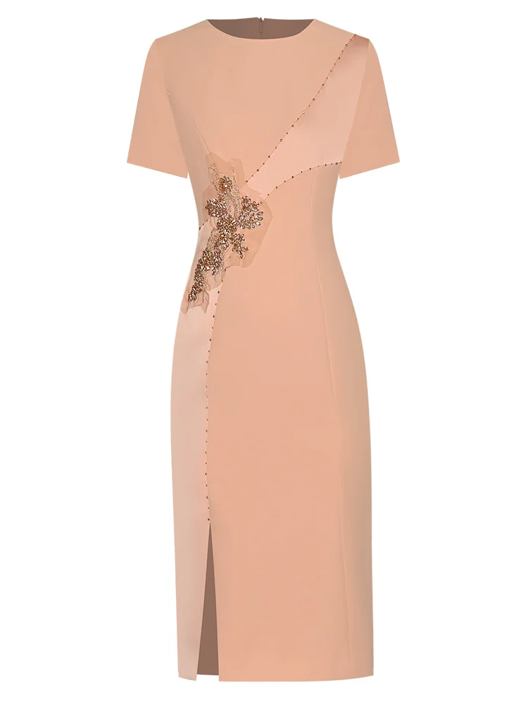 

HIGH QUALITY Newest Runway Fashion 2021 Summer Short Sleeve Diamonds Beaded Dress