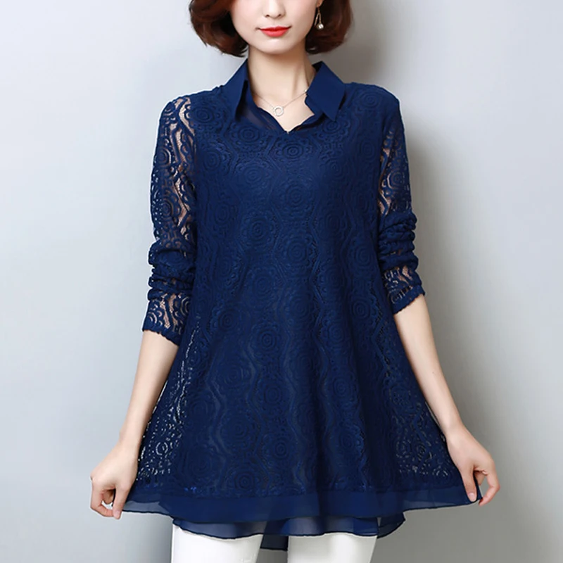 

Plus Size 5XL Lace Blouse Fashion Women's Blouses Shirt 2020 Spring New Chiffon Loose Long Sleeve Two Sets Shirts Ladies 908H3