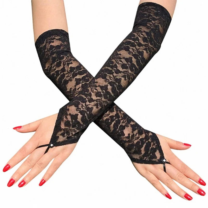 

Sexy Bridal Fingerless Lace Gloves for Women White or Black Elegant Beaded Female Club Prom Party Dancing Wedding Accessories