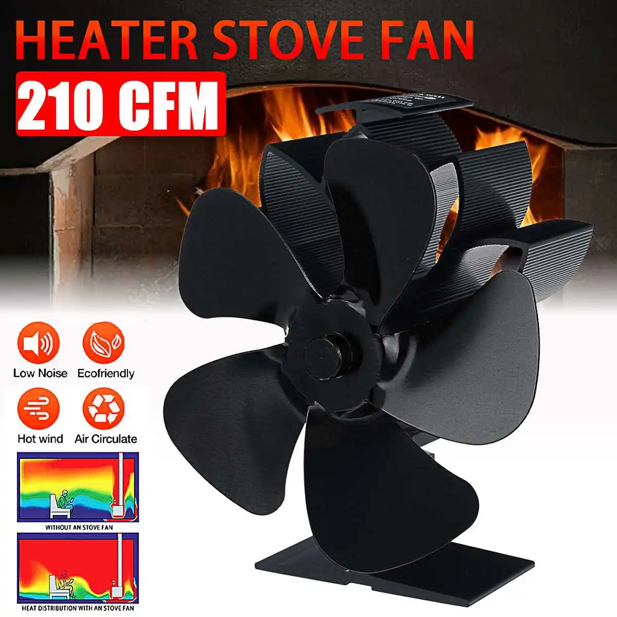 

5-Blade Heat Powered Stove Fan for Wood / Log Burner/Fireplace Quiet Environmental Fan Heater Tool Efficient Heat Distribution
