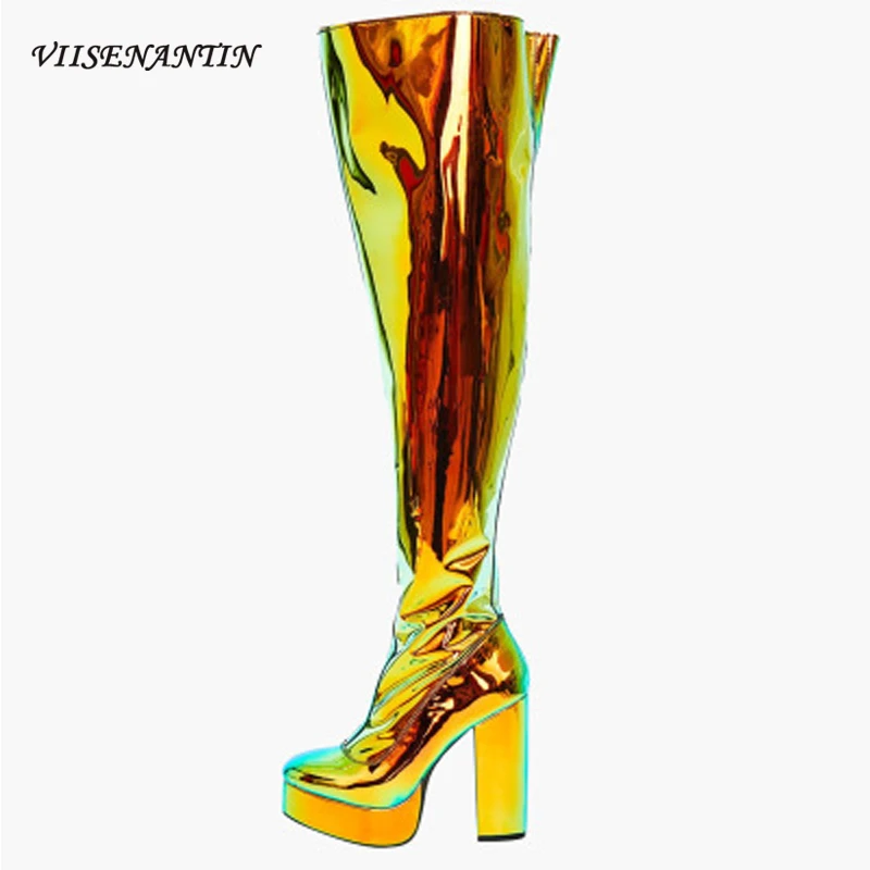 

Осенние новые прозрачные сапоги выше колена на толстом каблуке, с блестками, на платформе, с острым носком, без застежек, женские сапоги