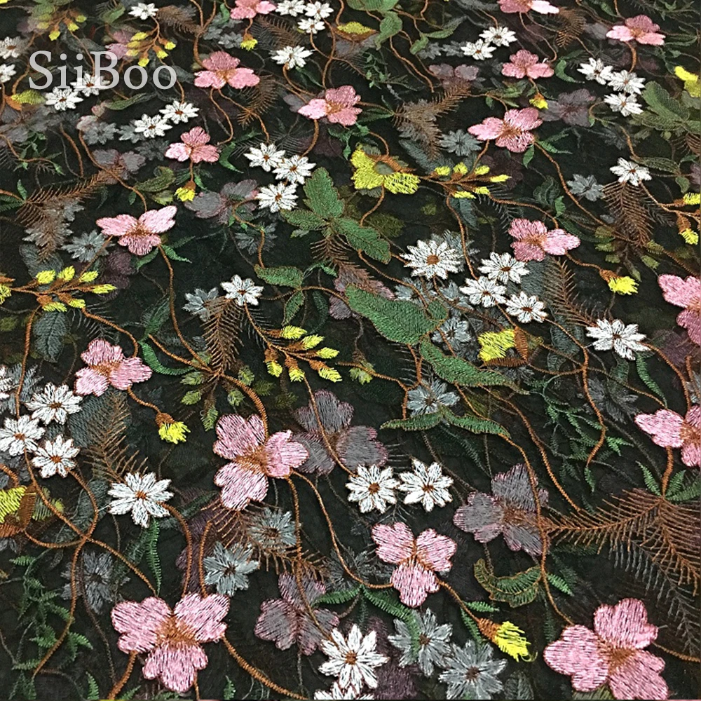 Черная сетчатая кружевная ткань с цветочной вышивкой для свадебного платья tela
