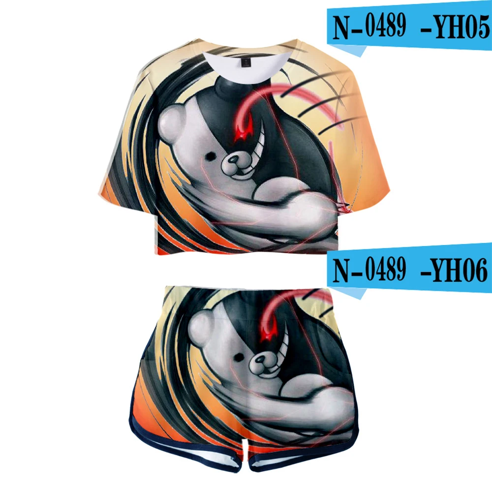 

Hot sale Bullet on Breaking Monokuma T-shirts+pants Dew navel Sports Girls Short cool Suits Sexy Girl Summer Two Pieces sets