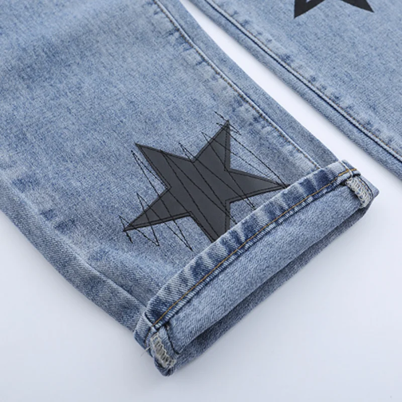 2021 Stylish Star Embroidery Distressed Washed Men Hip Hop Jeans Trousers Retro Casual Straight Women Denim Pants Pantalon Homme