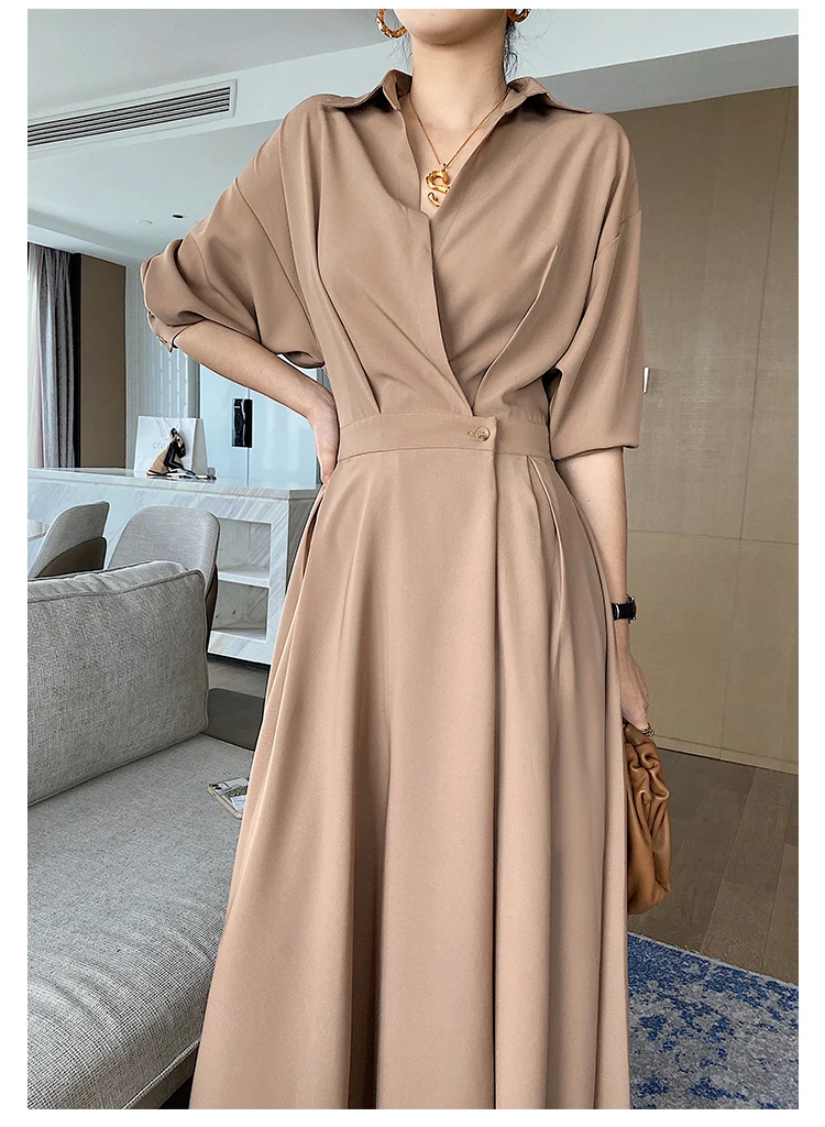 

Spring Women Midi Dress 2021 Chiffon Long Sleeve Vintage Dress Stylish OL Style Lapel Slim Solid color Vestidos Femme Robe