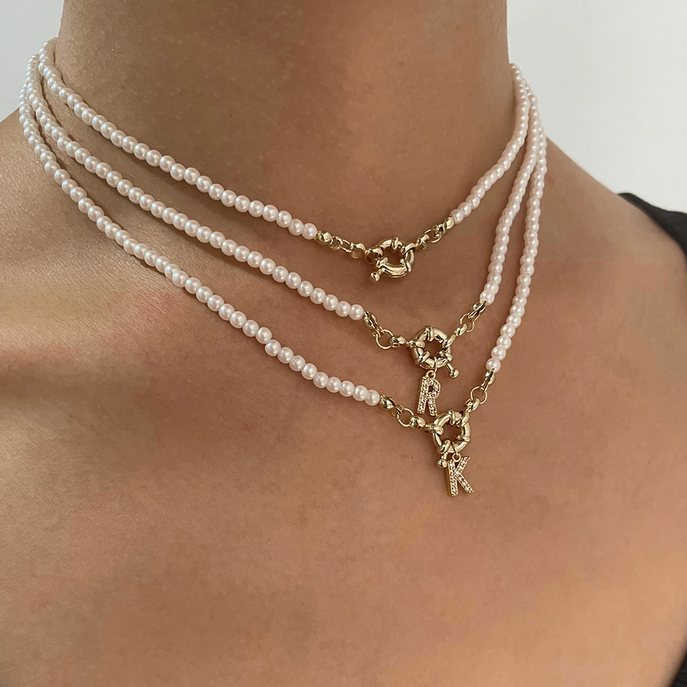 

Peri'sbox Delicate Sparkly Zircon A-Z Alphabet Initial Necklace Gold Color Toggle Clasp Shell Pearls Choker For Women