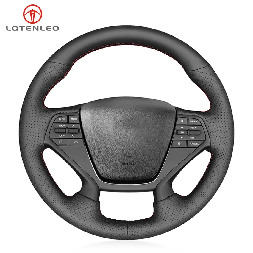 

LQTENLEO Black Genuine Leather Hand-stitched Car Steering Wheel Cover For Hyundai Sonata 9 2015 2016 2017 2018 2019 (4-Spoke)