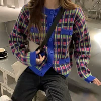 2022 spring fall plaid unique single breasted cardigan for women warm winter casual knitting outwear top ladies knitting sweater