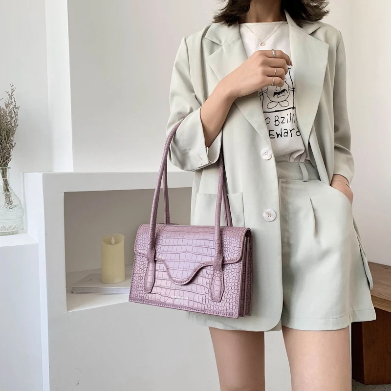 Аллигатор камень узор фиолетовый ПУ кожа сумки на плечо для женщин 2020 простые