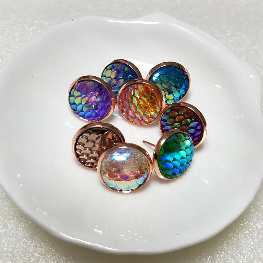 

12mm Copper Base RoseGold Plated Colorful Mermaid earrings For Promotion Gifts