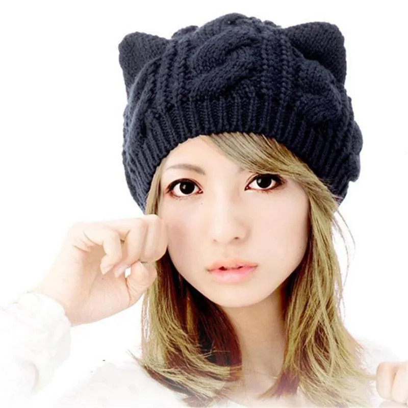 

Wool cap Twist knitted cat ears woolen cap knit hat thermal cap