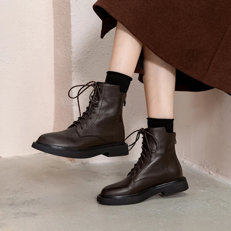 Beli Sepatu Bot Wanita Musim Dingin 2022 Sepatu Bot Pergelangan Kaki Kulit Asli Mewah Pendek Datar Ujung Bulat Sepatu Platform Pendek Cocok Untuk Semua Warna Coklat Hitam
