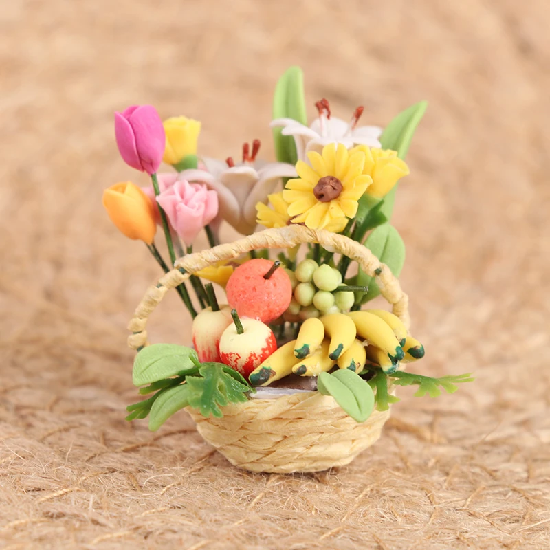 

Basket Mini Fruit Basket Flowers Pot Decor Toy DollHouse Miniature Flowers