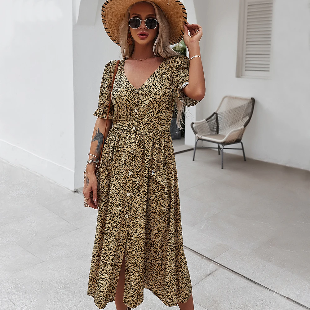 

Summer Dress 2021 Casual V-neck Polka Dot Print Women Dress High Waist Short Sleeve Button Holiday Loose Midi Dresses