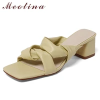 meotina slippers shoes women cross strap sandals high heel slides chunky heel sandals square toe ladies footwear summer yellow