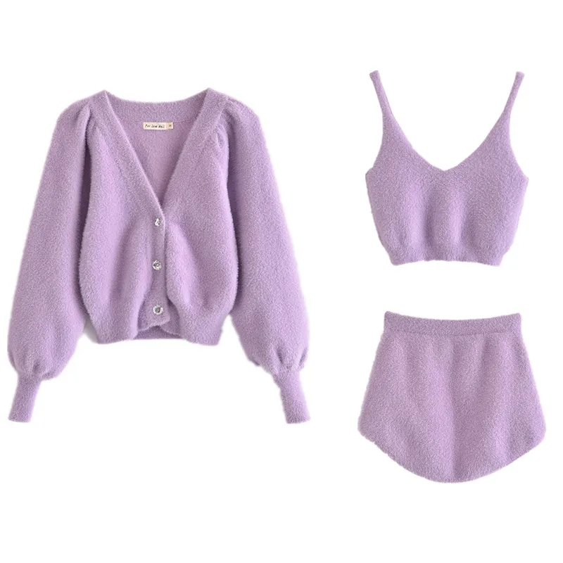 2021 Vintage Shaggy Korea Style Black Cardigan Furry Single-breasted Button Tank Top Knitted Sweater Jumper 1 Set |