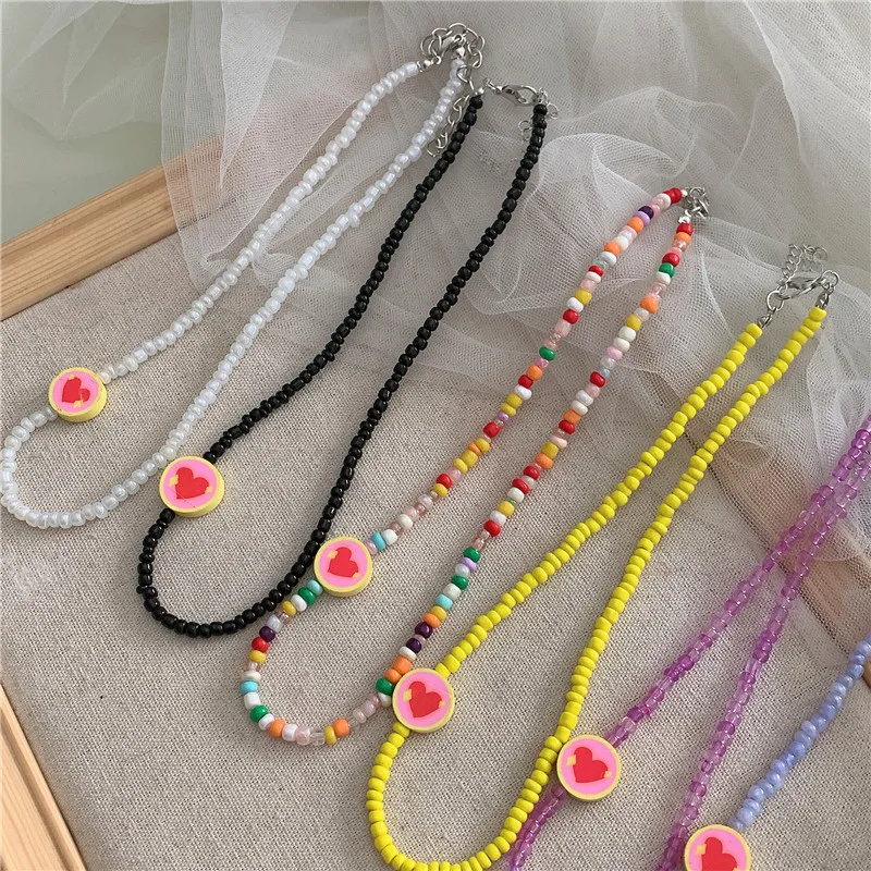 

Bohemian Heart Beads Necklace Fashion Ins Style Colorful Simple Soft Ceramic Sead Beaded Wild Clavicle Chains Jewelry for Women