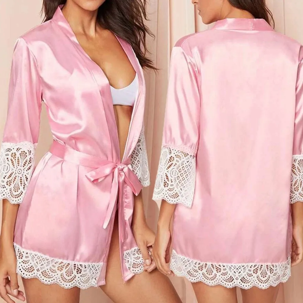 New Women Lace Silk Robe Nightdress Long Sleeve Satin V-neck Pink Pajamas Sleepwear With Belt Bathrobe For Female S-3XL | Женская одежда