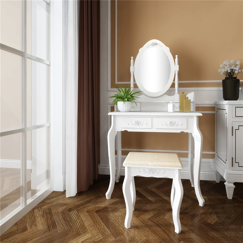 

Modern Concise With Stool 4-Drawer 360-Degree Rotation Removable Mirror Dresser Bedroom Furniture Makeup Dressing Table