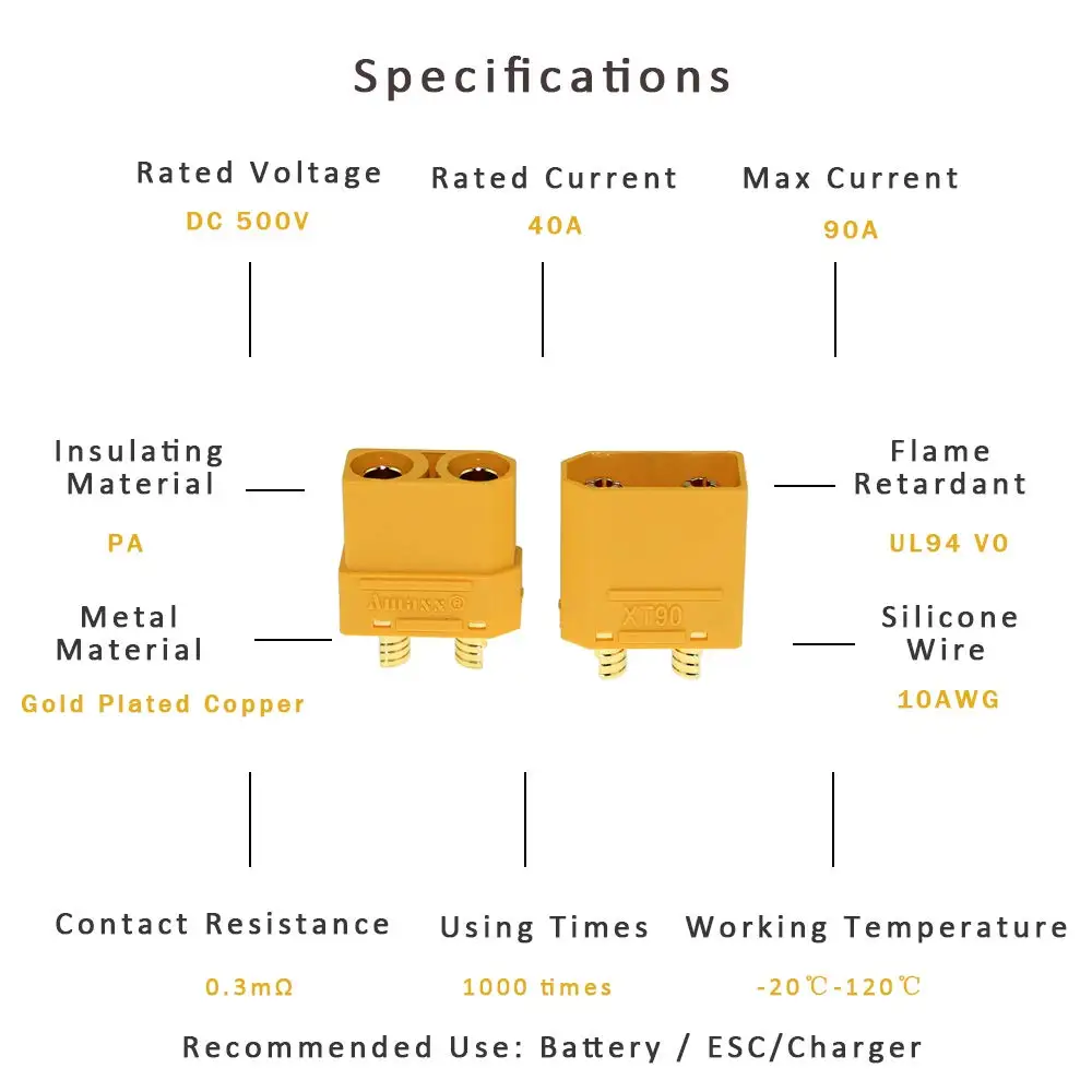 Amass-XT-90 XT90 macho y hembra, 10 pares de conectores de bala con carcasa Shealf para Motor de bater&iacute;a Lipo RC-3