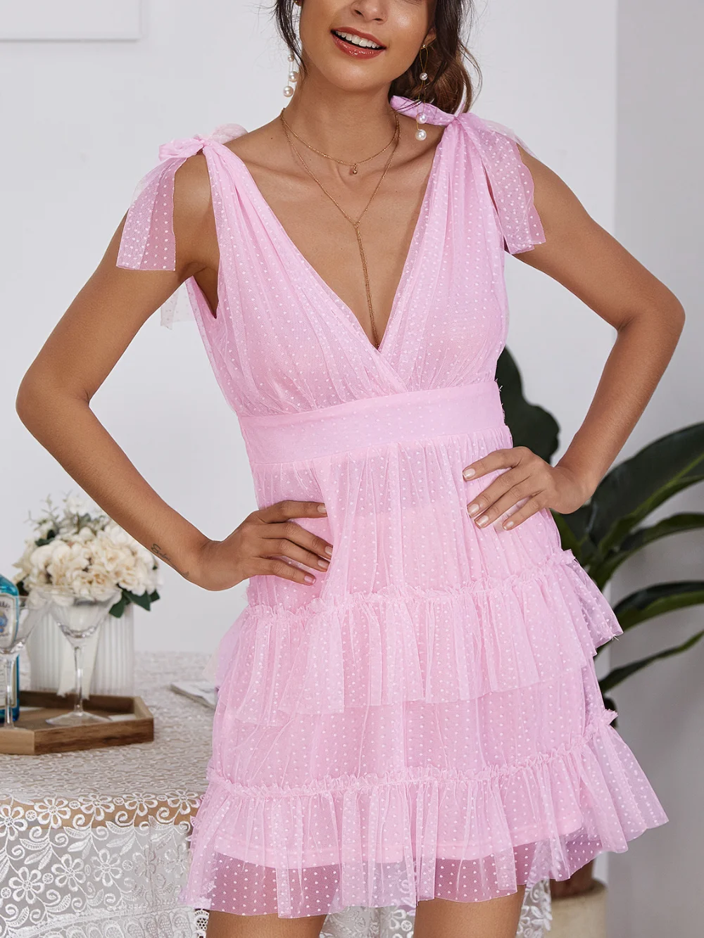 

BEAUTANA Mini Slip Dress Girl 2021 Summer Solid Pink Mesh Deep V Neck Belt Strap Backless Vestidos Beach Sexy Long Women Tunic