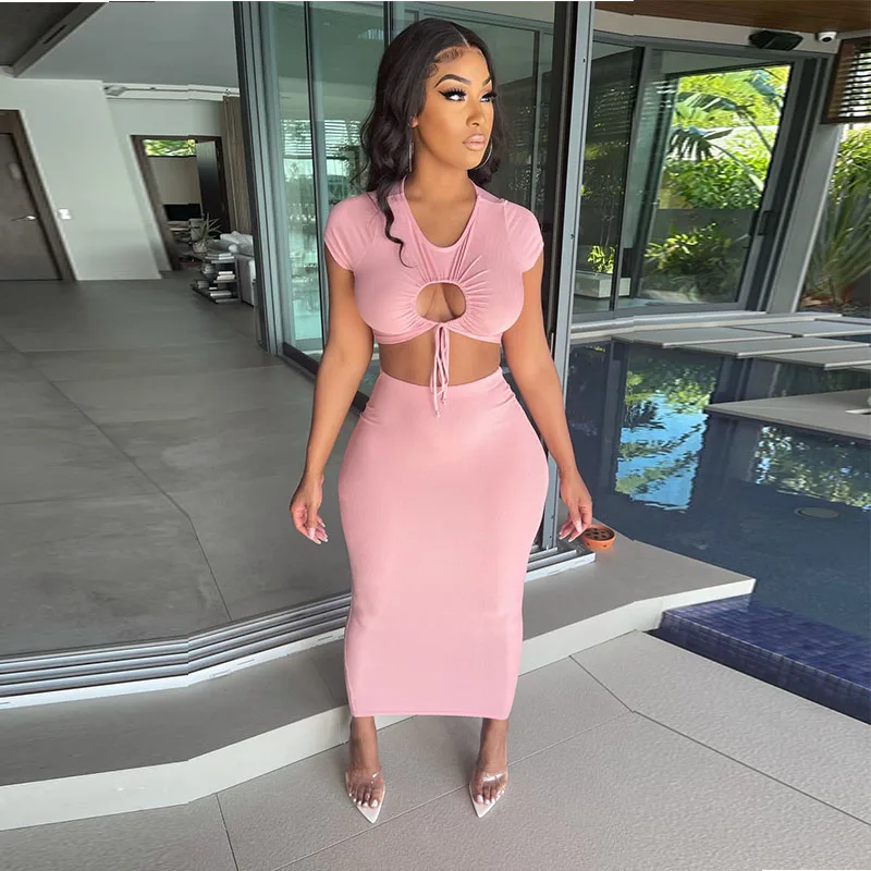 

Stretch Rib Two Piece Set Women Skirt Vacation Outfits Rave Summer Sexy Short Sleeve Hole Crop Top Matching Maxi Dress
