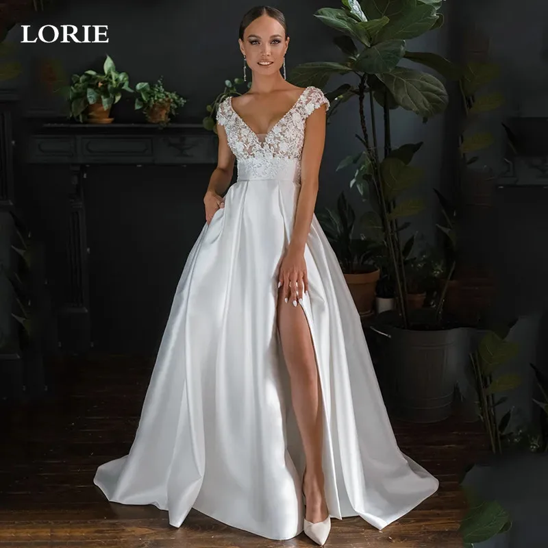 

LORIE Satin Princess Wedding Dress A Line V Neck Cap Sleeve 3D Lace Wedding Bride Dresses Sexy Side Split Wedding Ball Gown