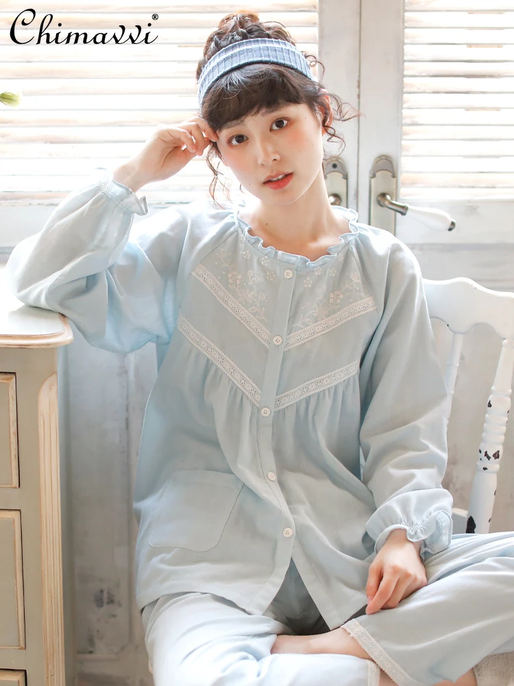 

Nightwear Women Spring/Autumn New Long Sleeve Double Cotton Yarn Princess Style Sleepwear Fresh Round Neck Cardigan Pajamas Set