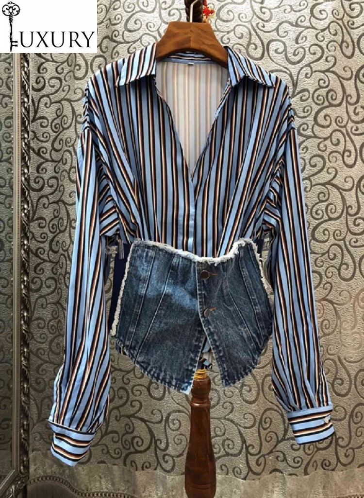 Blouses High Quality Striped 2020 Spring Casual Shirts Women Turn-down Collar Cotton Denim Vest Patchwork Long Sleeve Tops Shirt