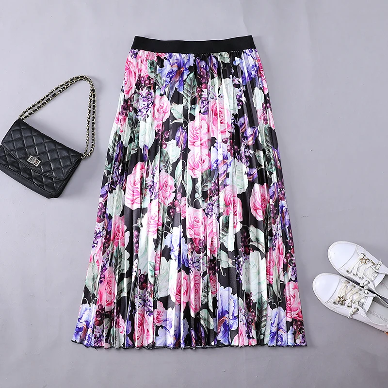 

Summer Women Pleated Skirts 2020 Print Floral Pattern Empire High Elastic Women Midi Skirt Big Swing Party Holiday High Street