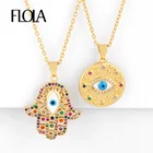 FLOLA позолоченная Фатима ожерелье с дизайном рука для женщин Кристалл синий сглаза ожерелья с круглой монетой кубический циркон Радуга ювелирные изделия nkeq18