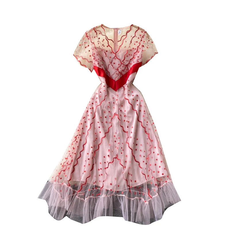 

Guilantu Summer Mesh Embroidery Floral Long Dress Women V Neck Short Sleeve Robe Longue Vestidos Elegant Evening Party Dresses