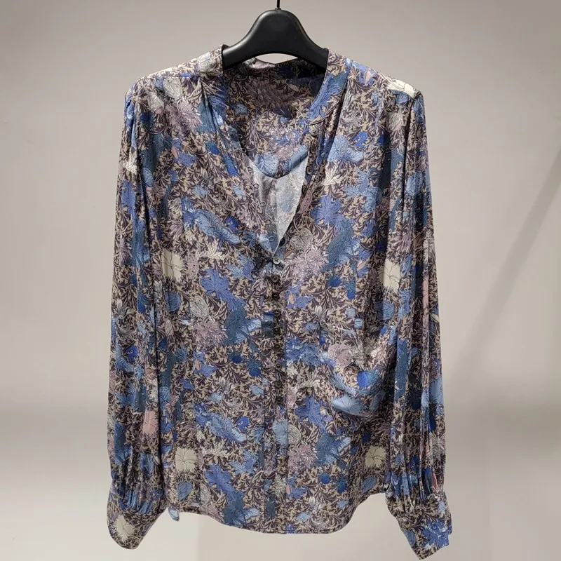 

Women Long Sleeve Shirts 100% Viscose Ladies Floral Print Single Breasted V-Neck Vintage Blouses Tops