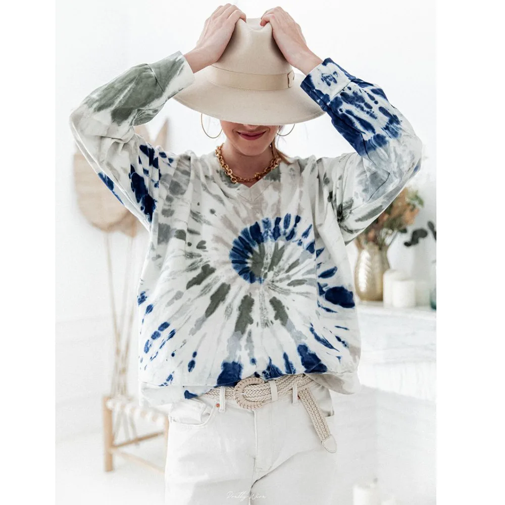 Female Tie Dye Long Sleeved Top Autumn And Winter New Women's Gradient Color Loose Jacket Round Neck Clothin | Женская одежда