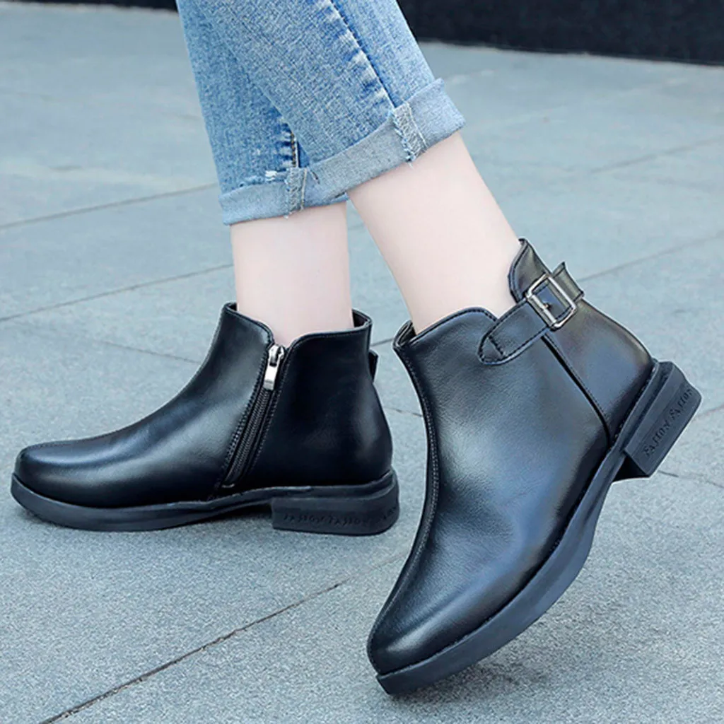Fashion Pure Color Pointed Toe Zipper Boots Square Heels PU Leather Woman Shoes Buckle Strap Vintage Women botas mujer | Обувь