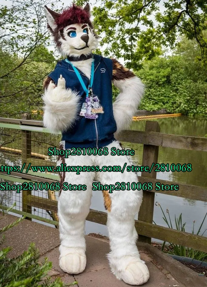 Заводская розетка длинный меховой коричневый белый волк собака талисман костюм