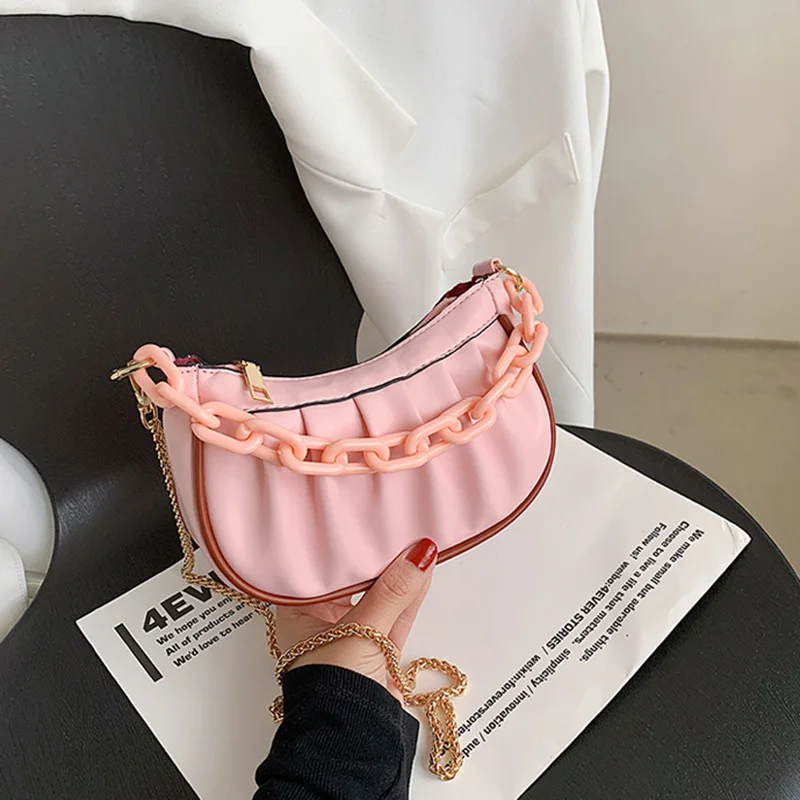 

2021 Fashion Women Chain Shoulder Bag Pleated PU Leather Handbag Female Daily Casual Street Travel Underarm Bags Shopping Tote