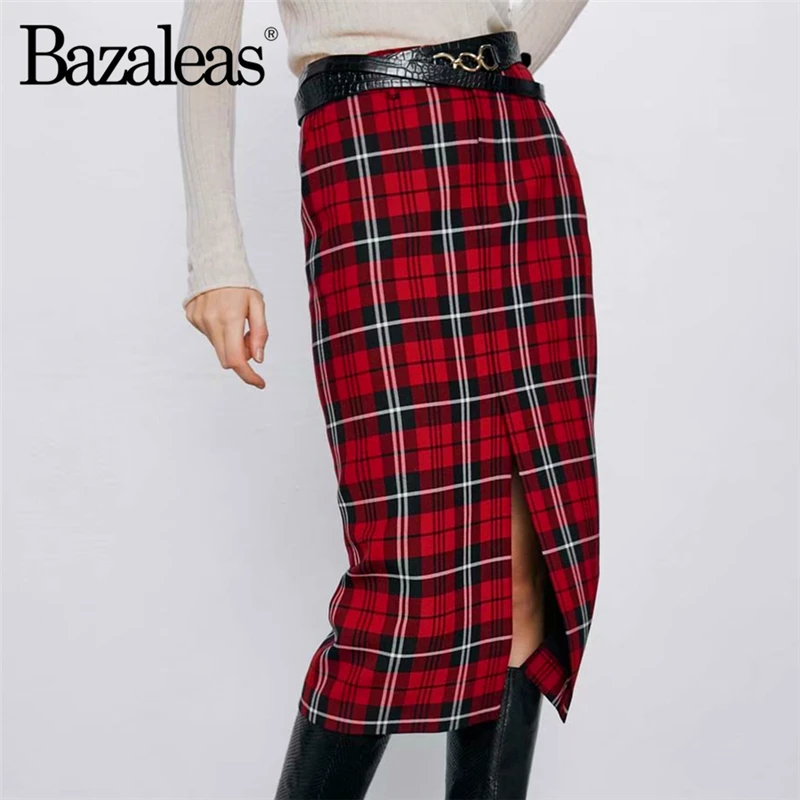 Bazaleas винтажная красная юбка миди с принтом тартан тонкая высокая талия женские
