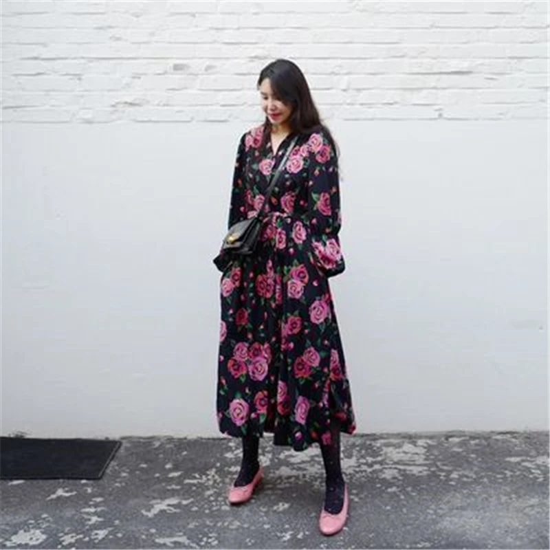 

RUGOD ins, корейский стиль, осеннее платье с цветочным принтом для женщин, женская одежда с длинным рукавом, свободные шикарные женские сарафаны...