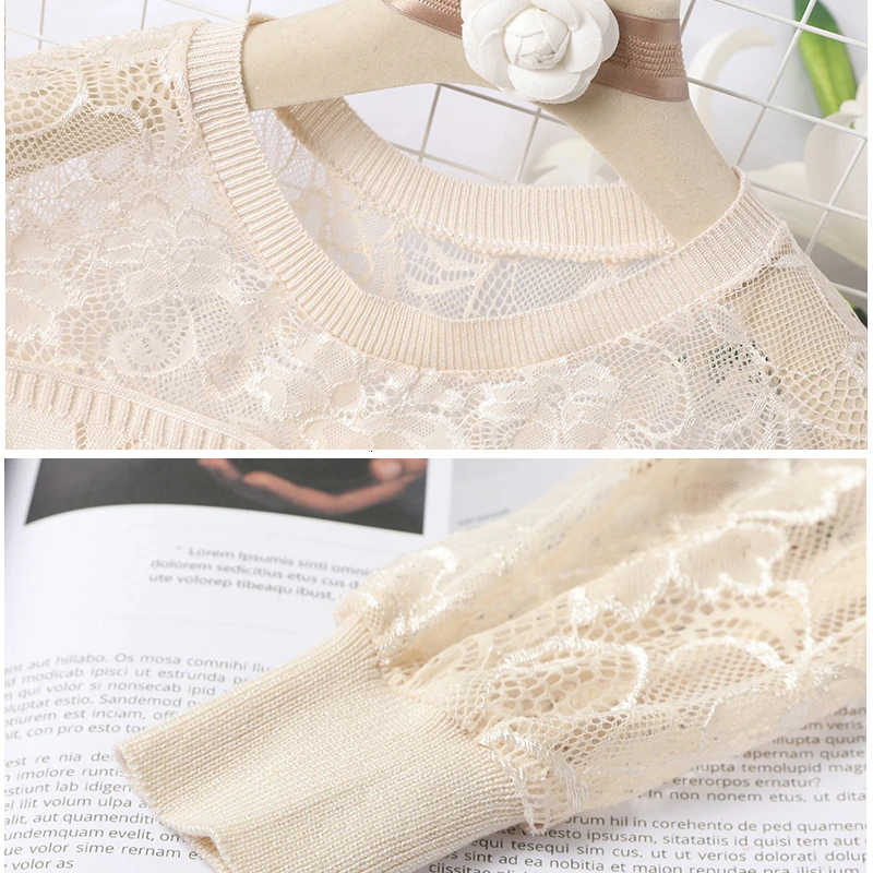 

Women Lace Sweater Spring Autumn 2020 Fashion O-neck Long Sleeve Hollow Out Jumper Slim Elasticity Pullovers Pull Femme