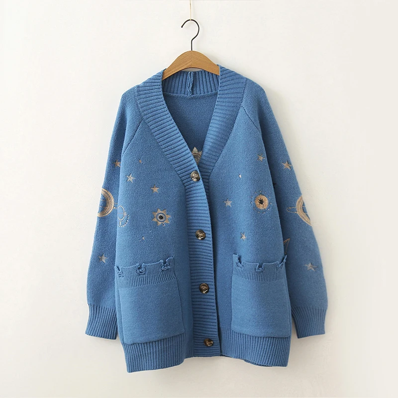 

Hsa 2019 Women Winter Sweater Knitting Cardigans V neck Stars Moon Embroidery Long Sweater Jacket Pink Christmas Cardigans