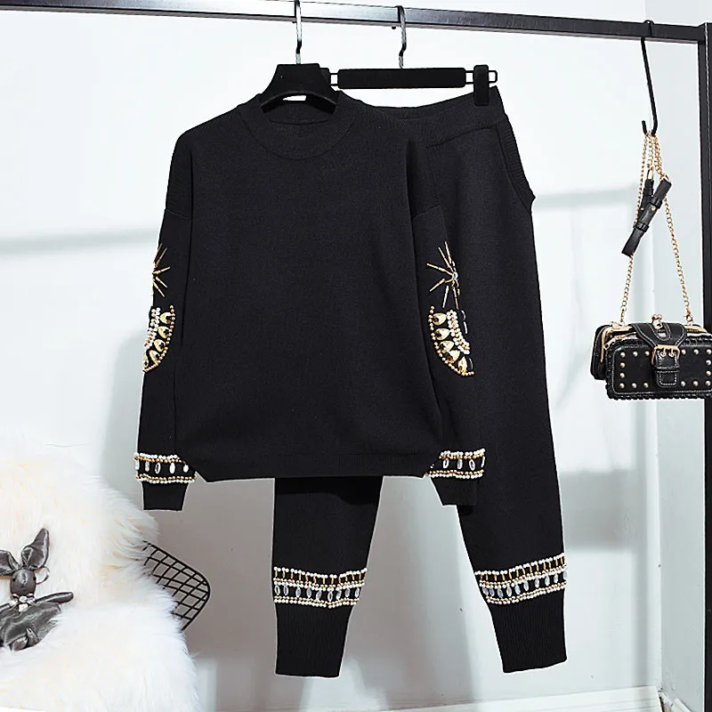 2020 Autumn winter Sweater Women Set Fashion National wind Beading Long sleeve Knitted Sweater+Casual Pants two piece set Female