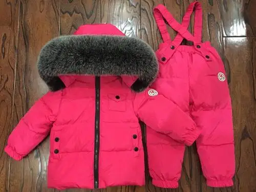 fox fur pink Пуховый костюм для русской зимы для девочек, теплые зимние костюмы для детей куртка на утином пуху для мальчиков+ комбинезон, комплект одежды из 2 предметов, детская зимняя одежда - Цвет: fox fur pink